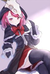 Rule 34 | 1girl, black capelet, black dress, black thighhighs, bow, bridal gauntlets, capelet, commentary request, crossed legs, dress, dutch angle, hair ornament, hand up, highres, hood, hood up, hooded capelet, long sleeves, original, parted lips, red bow, red eyes, red hair, red skirt, sitting, skirt, sleeves past wrists, solo, thighhighs, wide sleeves, yuki arare