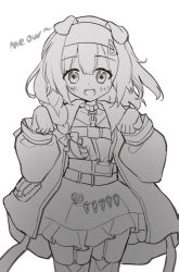 Rule 34 | 1girl, animal ears, arknights, blush, bow, braid, cat ears, english text, fangs, frilled skirt, frills, garter straps, goldenglow (arknights), greyscale, hair between eyes, hair bow, hair over shoulder, hands up, highres, hoshi lingdang, jacket, long hair, long sleeves, looking at viewer, monochrome, open clothes, open jacket, open mouth, puffy long sleeves, puffy sleeves, shirt, simple background, single braid, skirt, solo, thighhighs, white background
