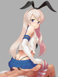 Rule 34 | 10s, 1boy, 1girl, admiral (kancolle), ass, bad id, bad pixiv id, black panties, blue eyes, blue skirt, blush, butt crack, elbow gloves, gloves, grey background, hairband, highres, kantai collection, long hair, looking at viewer, looking back, panties, purple eyes, raseruta, shimakaze (kancolle), simple background, sitting, sitting on person, skirt, striped clothes, striped thighhighs, thighhighs, underwear, white gloves, white hair