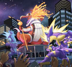 Rule 34 | absurdres, artist name, building, cityscape, creatures (company), dated, fire, game freak, gen 4 pokemon, gen 8 pokemon, gible, hand up, highres, katkichi, night, nintendo, open mouth, out of frame, outdoors, pink nails, pokemon, pokemon (creature), skeledirge, skyscraper, toxtricity, toxtricity (amped), toxtricity (low key), watermark