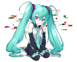 Rule 34 | 1girl, absurdres, aisarenakute mo kimi ga iru (vocaloid), aqua hair, aqua necktie, between legs, black footwear, black skirt, black sleeves, boots, clenched hand, colored skin, detached sleeves, dot nose, full body, grey shirt, hair between eyes, hair ornament, hand between legs, hand up, hatsune miku, highres, long hair, looking at viewer, miniskirt, necktie, parted lips, pink eyes, pleated skirt, ringed eyes, shirt, sidelocks, simple background, sitting, skirt, sleeveless, sleeveless shirt, solo, suguharu86, thigh boots, twintails, very long hair, vocaloid, white background, white skin