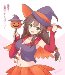 Rule 34 | 1girl, alternate costume, braid, bridal gauntlets, brown hair, commentary request, crop top, green eyes, hat, jack-o&#039;-lantern, kantai collection, long hair, midriff, navel, noshiro (kancolle), one-hour drawing challenge, orange sailor collar, orange skirt, purple hat, purple shirt, sailor collar, shirt, shizuna kaede, skirt, sleeveless, sleeveless shirt, solo, swept bangs, translated, twin braids, upper body, wand, witch hat
