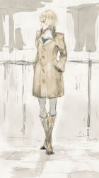 Rule 34 | 1girl, ascot, bad id, bad pixiv id, blonde hair, boots, coat, crossed legs, ekao, female focus, full body, green eyes, hands in pockets, highres, original, pantyhose, profile, short hair, sketch, solo, standing, trench coat