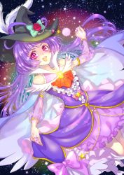 Rule 34 | 1girl, ascot, black background, brooch, cape, crystal, cure magical, cure magical (alexandrite style), dress, flower, frilled dress, frills, hat, hat flower, hat ribbon, highres, izayoi liko, jewelry, long hair, looking at viewer, magical girl, mahou girls precure!, open mouth, precure, purple dress, purple eyes, purple hair, red flower, ribbon, ring, see-through, see-through sleeves, smile, solo, star (symbol), starry background, very long hair, waka (negronoir), witch, witch hat