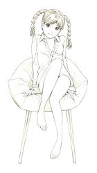 Rule 34 | 1girl, barefoot, blouse, braid, chair, dress shirt, monochrome, naked shirt, original, shirt, sitting, sketch, solo, traditional media, twin braids, yoshitomi akihito