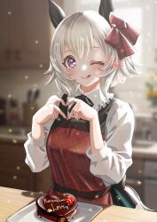 Rule 34 | 1girl, :p, alternate costume, animal ears, apron, blurry, blurry background, breasts, cake, character name, closed mouth, commentary request, curren chan (umamusume), food, grey hair, hair between eyes, hair ornament, heart, heart hands, highres, horse ears, horse girl, horse tail, kitchen, looking at viewer, medium breasts, medium hair, one eye closed, otono (bkt4b), plate, purple eyes, ribbon, solo, table, tail, tongue, tongue out, umamusume, valentine, window