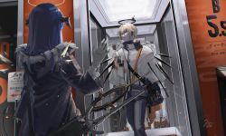 Rule 34 | 1boy, 1girl, ammunition belt, arknights, arrow (symbol), bag, black bag, black halo, black wings, blonde hair, blue coat, blue hair, buckle, buttons, capelet, choki, closed mouth, coat, commentary, dark halo, dated, demon horns, demon tail, detached wings, elevator, executor (arknights), fingerless gloves, frown, fur-trimmed coat, fur trim, gloves, green eyes, grey gloves, grey pants, halo, highres, holding, holding suitcase, horns, id card, layered sleeves, long hair, long sleeves, looking to the side, mostima (arknights), pants, shirt, short hair, sign, signature, staff, suitcase, tail, translation request, waving, white capelet, white gloves, white shirt, wings