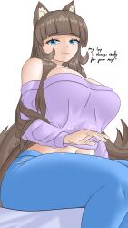 Rule 34 | 1girl, :3, absurdres, animal ear fluff, animal ears, blue eyes, breasts, brown hair, cat ears, cat girl, fluffy, highres, lap pillow invitation, large breasts, leggings, long hair, looking at viewer, pants, solo, sweater, sweatpants, takie, takie arts, text focus, thighs, white background