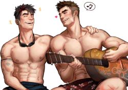 Rule 34 | 2boys, abs, bara, chest hair, closed eyes, greenteaa, guitar, instrument, large pectorals, male focus, mature male, multiple boys, muscular, muscular male, open mouth, original, pectorals, short hair, smile, spiked hair, tattoo, thick eyebrows, topless male