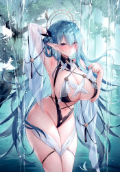 Rule 34 | 1girl, absurdres, aqua hair, arm behind head, arm up, armpits, bare shoulders, blush, branch, breasts, cleavage, day, elf, fingernails, hair bun, hair ornament, highleg, highleg swimsuit, highres, holding, large breasts, long hair, looking at viewer, navel, original, outdoors, parted lips, pointy ears, purple eyes, scan, see-through, shiny skin, simple background, solo, sora 72-iro, stomach, swimsuit, thighs, tree, water, water drop, wet