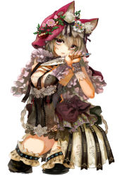 Rule 34 | 1girl, aililith, animal ears, bad id, bad pixiv id, bow, braid, dagger, fang, flower, frills, highres, hood, knife, open mouth, original, red eyes, solo, thighhighs, thighs, twin braids, weapon, white hair, wolf ears