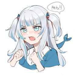 Rule 34 | 1girl, absurdres, blue eyes, blue hair, blunt bangs, blush, clenched hands, commentary, cropped arms, cropped torso, english commentary, english text, evangellium, fang, fins, fish tail, gawr gura, highres, hololive, hololive english, long hair, looking away, multicolored hair, open mouth, shark tail, simple background, solo, speech bubble, streaked hair, tail, two-tone hair, two side up, upper body, virtual youtuber, white background, white hair