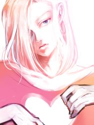 Rule 34 | 1girl, android 18, blonde hair, blouse, blue eyes, dragon ball, earrings, expressionless, hair over one eye, heart, jewelry, looking at viewer, ochanoko (get9-sac), pink shirt, realistic, shirt, short hair, simple background, solo, solo focus, white background