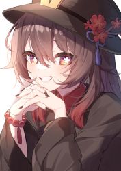 Rule 34 | 1girl, :d, bead bracelet, beads, black hat, black nails, black shirt, blush, bracelet, brown hair, flower, genshin impact, hat, hat flower, highres, hu tao (genshin impact), interlocked fingers, jewelry, long hair, long sleeves, looking at viewer, mochizuki mochi, multicolored hair, nail polish, open mouth, red eyes, red hair, shirt, simple background, smile, solo, teeth, two-tone hair, white background, wide sleeves