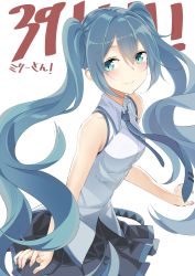 Rule 34 | 1girl, aqua eyes, bare arms, black skirt, blue hair, blue necktie, blush, breasts, closed mouth, collared shirt, commentary, english commentary, fingernails, hair between eyes, hatsune miku, highres, jun project, long hair, necktie, pleated skirt, shirt, sidelocks, simple background, skirt, small breasts, smile, solo, tie clip, very long hair, vocaloid, white background, white shirt