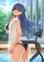Rule 34 | 1girl, ass, bikini, bikini under clothes, black bikini, blouse, blue eyes, blue hair, blue sky, breasts, bush, cloud, cowboy shot, day, demon girl, demon tail, eyepatch, frilled shirt, frills, from side, hair ornament, hair over one eye, half updo, hand on own thigh, hand on thigh, head tilt, large breasts, light particles, looking at viewer, looking back, matching hair/eyes, open clothes, open shirt, original, outdoors, parted bangs, parted lips, pillar, pool, ran&#039;ou (tamago no kimi), see-through, shirt, short sleeves, sideboob, sky, solo, standing, sun, swimsuit, swimsuit under clothes, tail, tree, underboob, wading, water, wet, wet clothes, wet shirt, white shirt