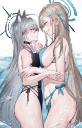 Rule 34 | 2girls, ahoge, animal ear fluff, animal ears, asuna (blue archive), asymmetrical docking, bikini, blonde hair, blue archive, blue bikini, blue eyes, blush, breast press, breasts, commentary request, cowboy shot, duplicate, earrings, eye contact, grey hair, hand on another&#039;s arm, hand on another&#039;s chin, highres, jewelry, large breasts, long hair, looking at another, multiple girls, navel, qiandaiyiyu, shiroko (blue archive), shiroko terror (blue archive), side-tie bikini bottom, small breasts, smile, swimsuit, thighs, very long hair, yuri