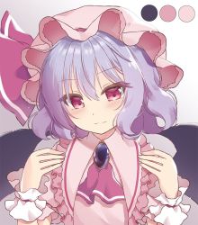 Rule 34 | 1girl, bat wings, beni kurage, blue hair, blush, brooch, color guide, commentary request, dress, frilled shirt collar, frills, gradient background, grey background, hair between eyes, hands up, hat, hat ribbon, jewelry, looking at viewer, mob cap, pink dress, pink eyes, pink hat, puffy short sleeves, puffy sleeves, red ribbon, remilia scarlet, ribbon, short hair, short sleeves, smile, solo, touhou, upper body, white background, wings, wrist cuffs