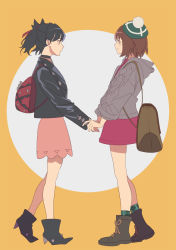 Rule 34 | 2girls, ankle boots, backpack, bag, black choker, black footwear, black hair, black jacket, bob cut, boots, brown bag, brown eyes, brown footwear, brown hair, cable knit, cardigan, choker, closed mouth, commentary request, creatures (company), dress, eye contact, from side, game freak, gloria (pokemon), green headwear, green legwear, grey cardigan, hair ribbon, hat, highres, holding hands, hooded cardigan, jacket, korean commentary, looking at another, marnie (pokemon), migung, multiple girls, nintendo, pink dress, plaid, plaid legwear, pokemon, pokemon swsh, red bag, red ribbon, ribbon, short hair, smile, socks, standing, tam o&#039; shanter