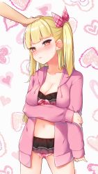 Rule 34 | 1girl, absurdres, arm grab, arm under breasts, bikini, blonde hair, blue nails, blunt bangs, blush, breasts, cleavage, closed mouth, collarbone, fang, frilled bikini, frills, hand on another&#039;s head, headpat, heart, heart-shaped pupils, highres, hood, hoodie, large breasts, long hair, long sleeves, nail polish, navel, neginoki, nose blush, pink bikini, pink hoodie, plaid, plaid bikini, red eyes, sleeves past wrists, solo focus, swimsuit, symbol-shaped pupils, tokyo 7th sisters, two side up, uesugi u. kyouko