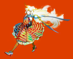 Rule 34 | 1girl, blonde hair, collared dress, dress, elbow gloves, gloves, grey hair, hands on own hips, high heels, highres, long hair, looking at viewer, multicolored hair, orange background, original, pantyhose, print dress, print pantyhose, red pupils, sleeveless, solo, striped clothes, striped dress, two-tone hair, ukumo uichi, very long hair, walking