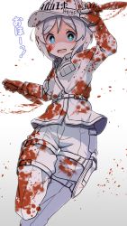 Rule 34 | + +, .live, 10s, 1girl, :d, arm up, blood, blood on clothes, blood on face, blue eyes, blush, clothes writing, commentary request, cosplay, dual wielding, flat cap, gloves, gradient background, grey background, hat, hataraku saibou, holding, holding knife, jacket, knife, long sleeves, name connection, open mouth, pants, shaded face, shipii (jigglypuff), short hair, silver hair, dennou shoujo siro, smile, solo, translation request, virtual youtuber, white background, white blood cell (hataraku saibou), white blood cell (hataraku saibou) (cosplay), white gloves, white hat, white jacket, white pants