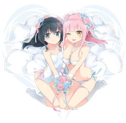 Rule 34 | 2girls, bikini, black hair, blue eyes, blue flower, blue ribbon, blush, breasts, chloe withers, cleavage, closed mouth, collarbone, commentary request, covered erect nipples, dress, flower, full body, gloves, hair flower, hair ornament, halterneck, heart, highres, holding hands, homura subaru, kneehighs, lillian ljungstrom, long hair, looking at viewer, medium breasts, multiple girls, navel, necktie, no shoes, o-ring, o-ring bikini, o-ring bottom, o-ring swimsuit, o-ring top, one-piece swimsuit, one eye closed, open mouth, original, pink flower, pink ribbon, ribbon, see-through, seiza, sitting, small breasts, smile, socks, swimsuit, teeth, thigh strap, upper teeth only, veil, wedding dress, white bikini, white gloves, white legwear, white one-piece swimsuit, yellow eyes, yuri