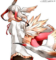 Rule 34 | 10s, 1girl, bird tail, blunt bangs, crested ibis, empty eyes, flying sweatdrops, gloves, happa (cloverppd), head wings, japanese crested ibis (kemono friends), kemono friends, long hair, long sleeves, multicolored hair, pantyhose, pleated skirt, red hair, red pantyhose, shirt, simple background, skirt, sleeves past wrists, tail, two-tone hair, white background, white hair, wings, yellow eyes
