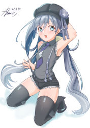Rule 34 | 1girl, absurdres, ahoge, alternate costume, aoki hagane no arpeggio, ayuman, black headwear, black shorts, black thighhighs, blouse, blue necktie, commentary request, cosplay, cutoffs, dated, female focus, frilled shirt, frills, full body, grey hair, hair between eyes, highres, kantai collection, kiyoshimo (kancolle), kneeling, looking at viewer, low twintails, musashi (aoki hagane no arpeggio), musashi (aoki hagane no arpeggio) (cosplay), necktie, open mouth, shirt, short shorts, shorts, signature, sleeveless, sleeveless shirt, solo, suspenders, tashkent (kancolle), teeth, thighhighs, twintails, upper teeth only, white background