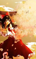 Rule 34 | 1girl, alternate eye color, arms up, black hair, bow, brown background, cherry blossoms, cloud, detached sleeves, female focus, frills, hair bow, hair tubes, hakurei reimu, japanese clothes, kinzan, kotoyama, long hair, looking away, miko, open hands, red eyes, skirt, sky, smile, solo, torii, touhou, vest
