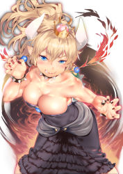 Rule 34 | 1girl, black dress, black nails, blonde hair, bowsette, bracelet, breasts, breath weapon, breathing fire, brooch, cleavage, collar, commentary request, cowboy shot, crown, dress, earrings, fire, highres, horns, jewelry, karochii, large breasts, mario (series), nail polish, new super mario bros. u deluxe, nintendo, pointy ears, sharp teeth, smile, solo, spiked bracelet, spiked collar, spiked shell, spikes, standing, strapless, strapless dress, super crown, teeth, turtle shell, white background