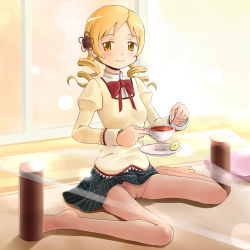 Rule 34 | 1girl, bad id, bad pixiv id, barefoot, blonde hair, cleft of venus, clothes lift, cup, drill hair, egg vibrator, female pubic hair, food, fruit, glass table, highres, lemon, mahou shoujo madoka magica, mahou shoujo madoka magica (anime), no panties, pubic hair, pussy, see-through, sex toy, shuuji (shumi), solo, table, tea, teacup, tomoe mami, vibrator