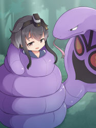Rule 34 | 1girl, anchor symbol, arbok, black hair, blue sailor collar, brown eyes, commission, constriction, creatures (company), crossover, forest, forked tongue, game freak, gen 1 pokemon, gradient hair, grey hair, highres, kantai collection, multicolored hair, nature, nekonetoru take, nintendo, outdoors, pokemon, pokemon (creature), sailor collar, short hair with long locks, skeb commission, tokitsukaze (kancolle), tongue, wavy mouth