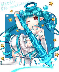 Rule 34 | 1girl, anniversary, blue hair, blue theme, bracelet, breasts, choker, dearoliha, english text, hair ornament, halo, highres, jewelry, long hair, looking at viewer, medium breasts, navel, one eye closed, pink eyes, pixiv, pixiv-tan, pointy ears, skirt, smile, solo, star (symbol), stylus, thighhighs, twintails, very long hair, wink