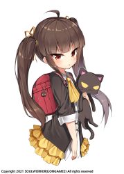 Rule 34 | 1girl, ahoge, ascot, backpack, bag, black cat, black jacket, brown hair, carrying, cat, cropped torso, darnell, frilled jacket, frills, hair ribbon, highres, jacket, lily bloomerchen, long hair, long sleeves, looking at viewer, official art, open clothes, open jacket, parted lips, randoseru, red eyes, ribbon, shirt, sidelocks, simple background, solo, soulworker, twintails, undershirt, v-shaped eyebrows, white background, white shirt
