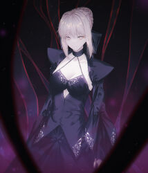 Rule 34 | 1girl, artoria pendragon (all), artoria pendragon (fate), black dress, black ribbon, blonde hair, braid, breasts, cleavage, closed mouth, clothing cutout, commentary, cowboy shot, dress, expressionless, fate/stay night, fate (series), fov ps, french braid, hair bun, hair ribbon, highres, looking at viewer, ribbon, saber alter, sidelocks, small breasts, solo, stomach cutout, yellow eyes