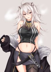 Rule 34 | 1girl, absurdres, ahoge, animal ears, bare arms, bare shoulders, belt, black belt, black jacket, black pantyhose, black shirt, black skirt, breasts, cleavage, commentary request, cowboy shot, crop top, fur-trimmed jacket, fur trim, grey background, grey eyes, hair between eyes, highleg, highleg panties, highres, hololive, jacket, jewelry, large breasts, lion ears, long hair, looking at viewer, midriff, miniskirt, navel, necklace, off shoulder, open mouth, panties, pantyhose, pencil skirt, see-through, see-through cleavage, shirt, shishiro botan, shishiro botan (1st costume), silver hair, simple background, single leg pantyhose, skirt, solo, standing, stomach, thighs, underwear, virtual youtuber, watarase piro