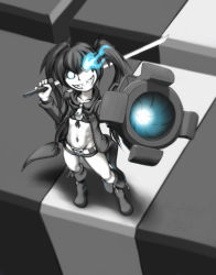 Rule 34 | 10s, 1girl, arm cannon, black hair, black rock shooter, black rock shooter (character), blue eyes, boots, cape, dual wielding, fangs, flat chest, glowing, glowing eyes, grin, highres, holding, katana, midriff, monochrome, navel, short shorts, shorts, smile, solo, spot color, sword, toned, twintails, weapon