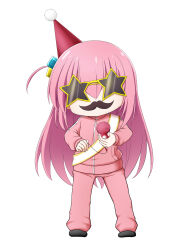 Rule 34 | 1girl, black footwear, bocchi the rock!, chibi, cube hair ornament, fake facial hair, fake mustache, full body, gotoh hitori, hair between eyes, hair ornament, hat, highres, jacket, kuena, long hair, one side up, pants, party hat, pink hair, pink jacket, pink pants, red hat, shoes, simple background, solo, standing, star-shaped eyewear, star (symbol), sunglasses, tilted headwear, track jacket, track pants, track suit, very long hair, white background, yellow-framed eyewear