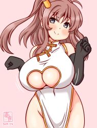 Rule 34 | 1girl, artist logo, black gloves, blue eyes, blush, bouncing breasts, breasts, brown hair, china dress, chinese clothes, cleavage cutout, clothing cutout, cowboy shot, dated, dress, elbow gloves, gloves, gradient background, hair between eyes, high side ponytail, kanon (kurogane knights), kantai collection, large breasts, long hair, looking at viewer, one-hour drawing challenge, pink background, ponytail, saratoga (kancolle), side ponytail, smile, solo, white dress