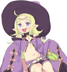 Rule 34 | 1girl, eds, female focus, fire emblem, fire emblem heroes, flat chest, hat, highres, midriff, navel, nintendo, nowi (fire emblem), open mouth, pointy ears, simple background, sleeves past wrists, solo, white background, witch hat