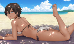Rule 34 | 1girl, ass, barefoot, beach, bikini, blue eyes, blue sky, breasts, cloud, commentary request, feet up, from side, halterneck, hashi, looking at viewer, looking to the side, lying, medium breasts, ocean, on stomach, original, outdoors, shade, short hair, side-tie bikini bottom, sideboob, sky, solo, string bikini, sunlight, swimsuit, toes, water, white bikini