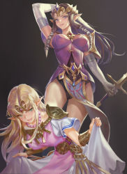 Rule 34 | 2girls, absurdres, arm up, belt, between breasts, blonde hair, blue eyes, breasts, brown hair, cleavage, clothes pull, dress, dress pull, elf, gem, gloves, grin, hair ribbon, highres, holding, holding sword, holding weapon, jewelry, large breasts, legs, leotard, long hair, looking at viewer, medium breasts, multiple girls, necklace, nintendo, panties, pointy ears, princess zelda, ribbon, shoulder pads, sidelocks, smile, squatting, standing, sword, the legend of zelda, the legend of zelda: a link between worlds, the legend of zelda: twilight princess, tiara, tongue, underwear, weapon, white dress