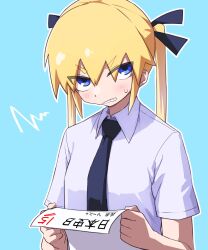 Rule 34 | 1girl, aqua background, black necktie, black ribbon, blonde hair, blue eyes, blush, clenched teeth, collared shirt, hair between eyes, hair ribbon, highres, holding, holding paper, kill me baby, long hair, looking at viewer, necktie, paper, ribbon, shirt, short sleeves, simple background, solo, sonya (kill me baby), sweat, teeth, test score, twintails, upper body, white shirt, yachima tana
