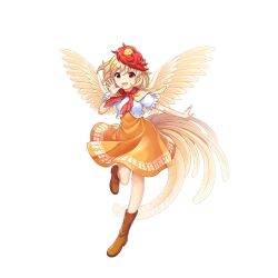 Rule 34 | 1girl, :d, animal, animal on head, bird, bird on head, bird wings, blonde hair, boots, brown footwear, chick, dress, full body, game cg, highres, looking at viewer, multicolored hair, neckerchief, niwatari kutaka, on head, open mouth, orange dress, red hair, red neckerchief, rotte (1109), short sleeves, simple background, smile, solo, third-party source, touhou, touhou lostword, two-tone hair, white background, wings, yellow eyes, yellow wings