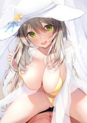 Rule 34 | 1boy, 1girl, :d, bikini, blonde hair, blue archive, blush, breasts, cleavage, green eyes, hair between eyes, halterneck, halterneck, hand up, hat, highres, large breasts, long sleeves, looking at viewer, navel, nidaime (doronbo), nonomi (blue archive), nonomi (swimsuit) (blue archive), open mouth, see-through, see-through shirt, sitting, sitting on person, smile, solo focus, spread legs, straddling, strap pull, swimsuit, thighs, white headwear, yellow bikini