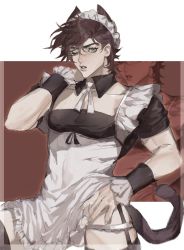 Rule 34 | 1boy, alternate costume, animal ears, apron, bare shoulders, battle tendency, brown hair, cat ears, cat tail, crossdressing, detached collar, enmaided, fingerless gloves, frilled sleeves, frills, garter straps, gloves, green eyes, highres, jojo no kimyou na bouken, joseph joestar, joseph joestar (young), maid, maid apron, maid headdress, male focus, one eye closed, panties, panty pull, pectoral cleavage, pectorals, puppetjackmj, solo, tail, thighhighs, underwear, undressing, wristband, zoom layer