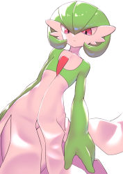 Rule 34 | 1girl, arms at sides, bob cut, closed mouth, collarbone, colored skin, cowboy shot, creatures (company), dutch angle, expressionless, female focus, flat chest, game freak, gardevoir, gen 3 pokemon, green hair, green skin, groin, hair between eyes, highres, multicolored skin, nintendo, no panties, pero (pero7762), pokemon, pokemon (creature), red eyes, short hair, simple background, solo, standing, two-tone skin, white background, white skin