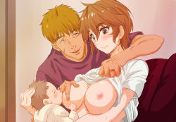 Rule 34 | 1girl, 2boys, arm around neck, blush, breast sucking, breastfeeding, breasts, brown eyes, brown hair, clothes lift, commentary request, eyebrows, closed eyes, indoors, jewelry, kosokosomaru (higashi taishi), large breasts, looking at another, mizuno nanatsu, multiple boys, nipples, open mouth, original, ring, shirt lift, short hair, upper body