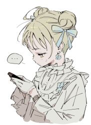 ... absurdres ahoge blonde_hair bow bow_earrings double_bun earrings frilled_shirt frilled_shirt_collar frills gloves hair_bow hair_bun highres holding holding_phone jewelry looking_at_phone mormormorp original phone shirt simple_background speech_bubble sweatdrop watch white_background white_gloves wristwatch yellow_eyes